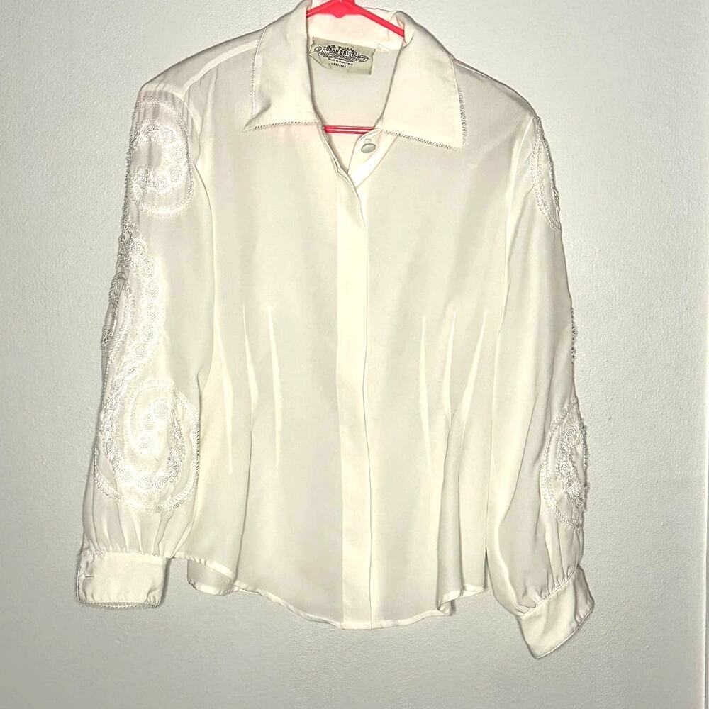 Vintage Susan Bristol Top Ivory Button Front Lace Embroidered Sleeves Sheer P8
